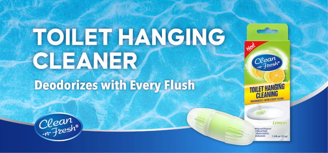 55g adhesive hanging toilet cleaner — uses tape instead of plastic cages for less waste; cleans the bowl with cleaning foam every flush.