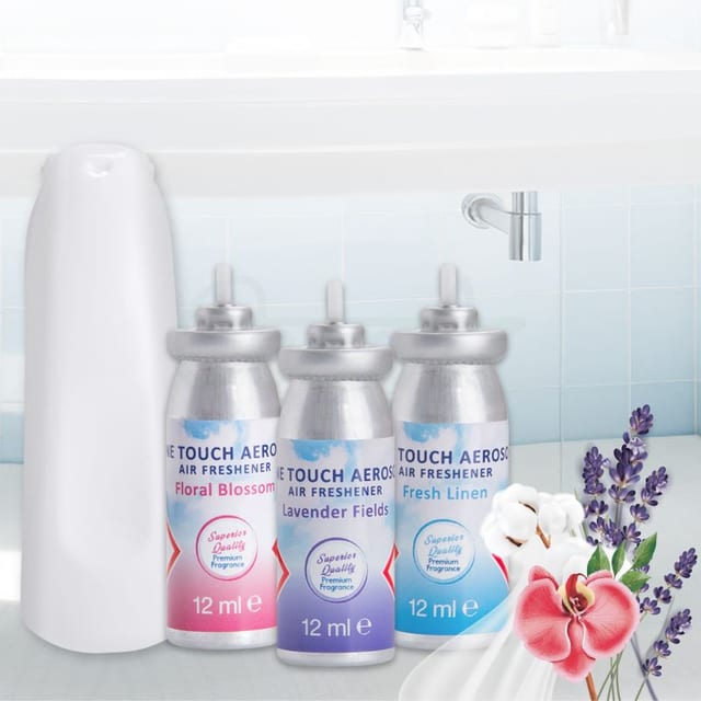 Ambientador aerosol mini one-touch con recarga de 12 ml: pulsa para frescura instantánea, hasta 120 pulverizaciones por recarga, compacto y duradero.