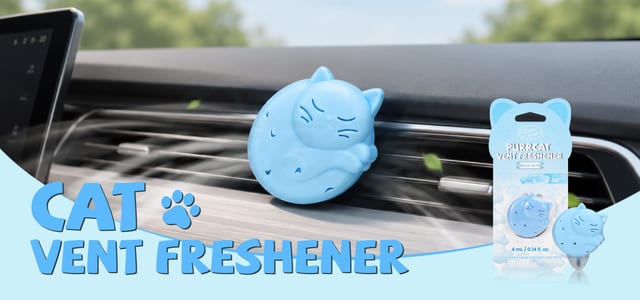 Clip this 4 ml cat-shaped vent freshener to a car air vent for continuous fragrance in vehicles and small spaces, with a refillable design.