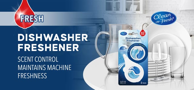 Two 5ml dishwasher fresheners with unique scent-control technology — fresh aroma every time you open the dishwasher with no fragrance transfer.