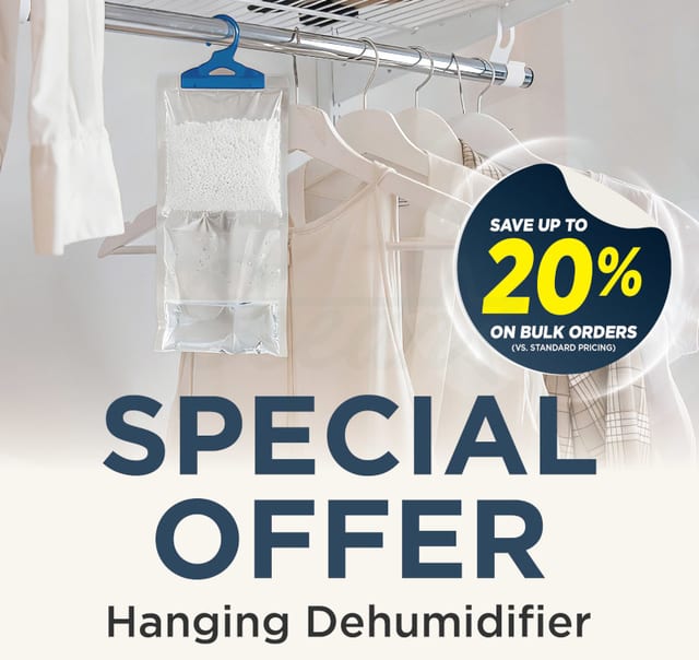 210g hanging dehumidifier pulls moisture from closets and bathrooms — built-in hook, crystal absorbers protect clothes from musty smells and mildew.