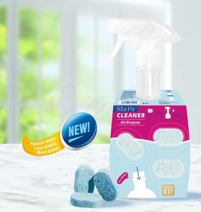 Kit ecológico inicial para limpiador de baño: botella spray con gatillo más tres pastillas concentradas de 8 g; cada pastilla rinde 500 ml.