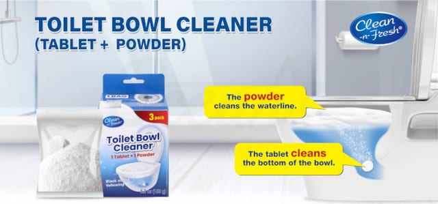 Three 2-in-1 toilet bowl cleaner packs (1 tablet + 1 powder each) — fast-dissolving powder breaks down hidden stains while tablets foam clean.
