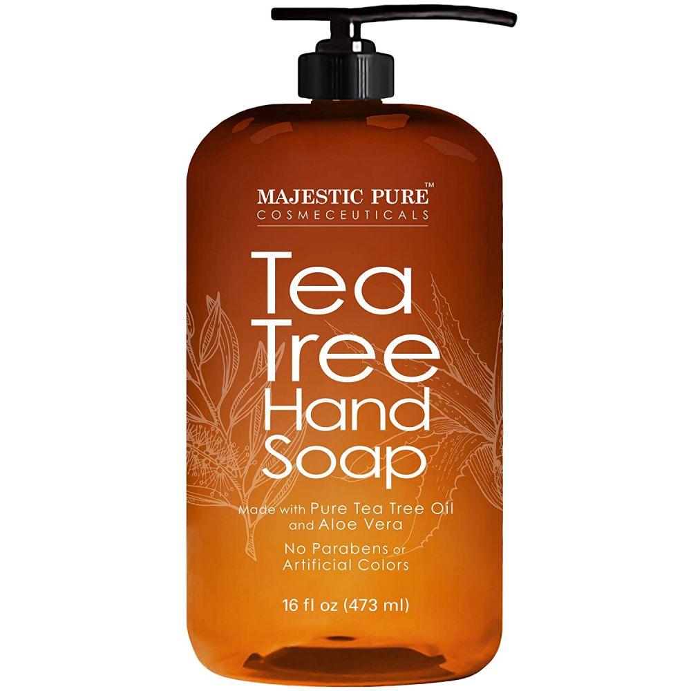Majestic Pure Tea Tree Hand Soap Liquid Hand Wash with Pure Aloe Vera Rosemary Spearmint Hand Wash with Pump Sulfate Free Formula 16 fl oz